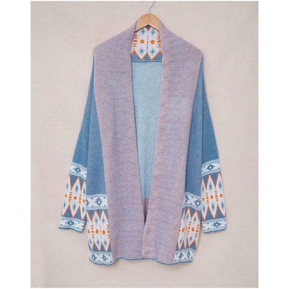 040 Cozy Blue Tribal Western Open Front Pocket Cardigan - Picture 6 of 7